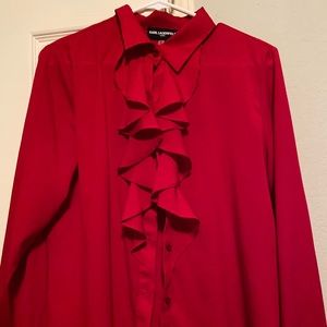Karl Lagerfeld Ruffle Button-Up Blouse-Red